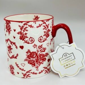 10 Strawberry Street Coffee Cup Mug White Red Floral Hearts Country French NEW